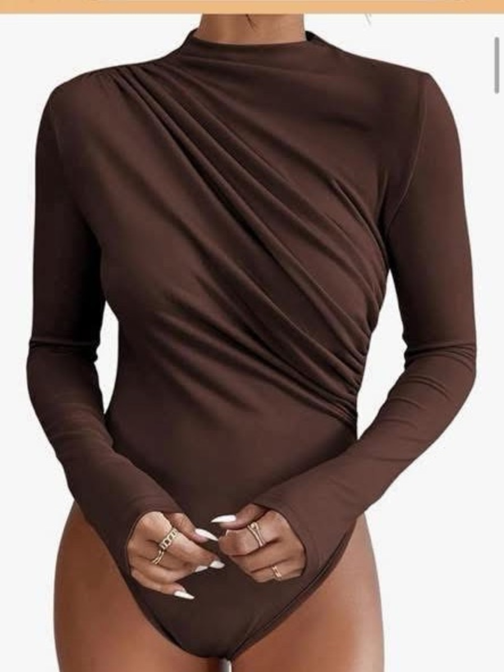 Women's Brown Ruched Long-Sleeve Bodysuit